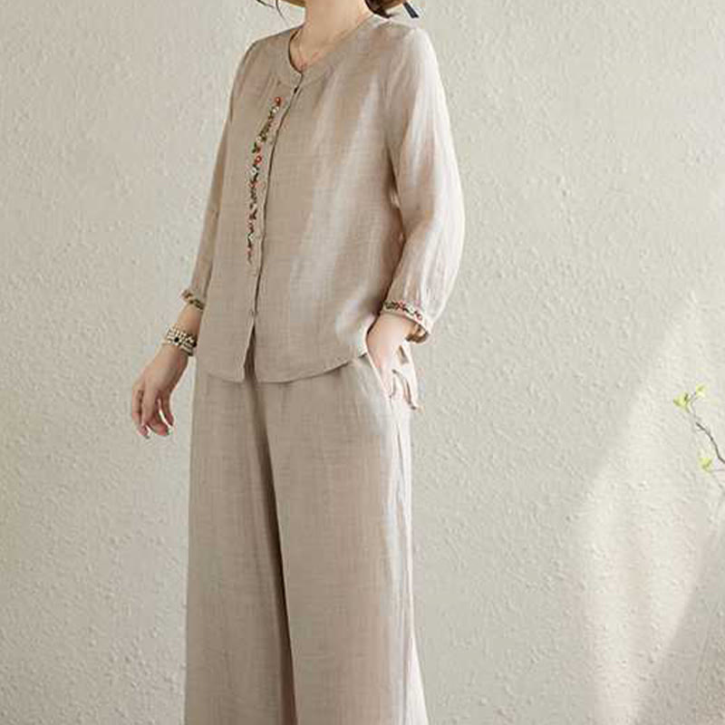 Conjunto de 2 piezas de camisa y pantalones con bordado de flores de algodón y piedras de Buddha Stones para meditación, tai chi y zen para mujer - image 14