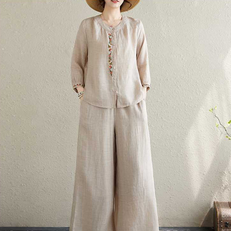 Conjunto de 2 piezas de camisa y pantalones con bordado de flores de algodón y piedras de Buddha Stones para meditación, tai chi y zen para mujer - image 17