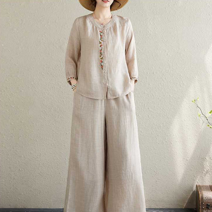 Conjunto de 2 piezas de camisa y pantalones con bordado de flores de algodón y piedras de Buddha Stones para meditación, tai chi y zen para mujer - image 18