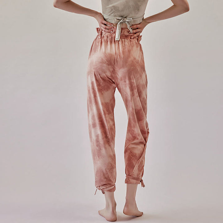 Pantalones casuales de licra con estampado de tinta y lazos en las piernas para mujer con Buddha Stones - Coral claro - US6，UK/AU10，EU38 (XL) - image 1