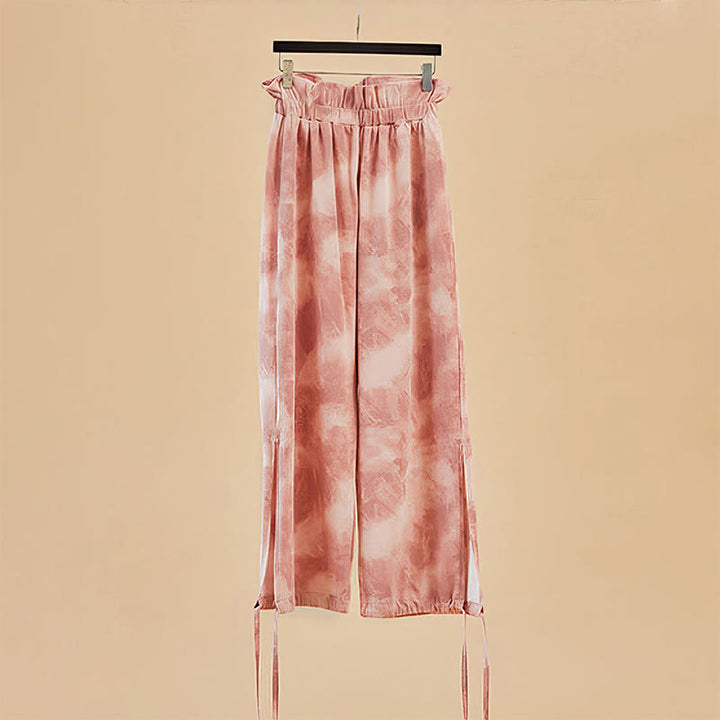 Pantalones casuales de licra con estampado de tinta y lazos en las piernas para mujer con Buddha Stones - image 2