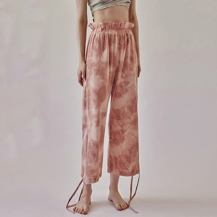 Pantalones casuales de licra con estampado de tinta y lazos en las piernas para mujer con Buddha Stones - image 3