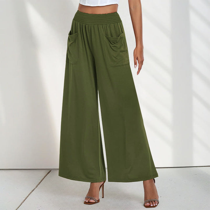 Pantalones anchos de poliéster para mujer, informales, de cintura alta, lisos y holgados, con bolsillos y estampado de Buddha Stones