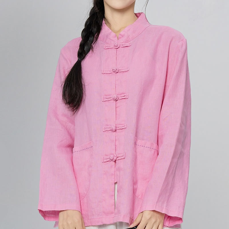 Buddha Stones Camisas de lino de manga larga con botones de rana y bolsillos para mujer en color liso - rosa claro - US4，UK/AU8，EU36 (L) - image 0