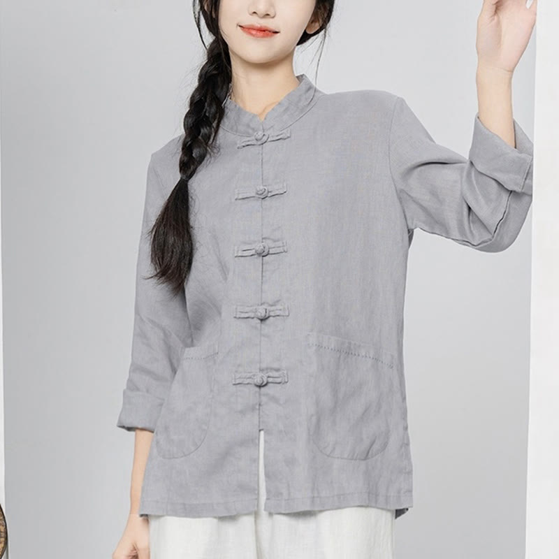 Buddha Stones Camisas de lino de manga larga con botones de rana y bolsillos para mujer en color liso - Plata - US4，UK/AU8，EU36 (L) - image 7