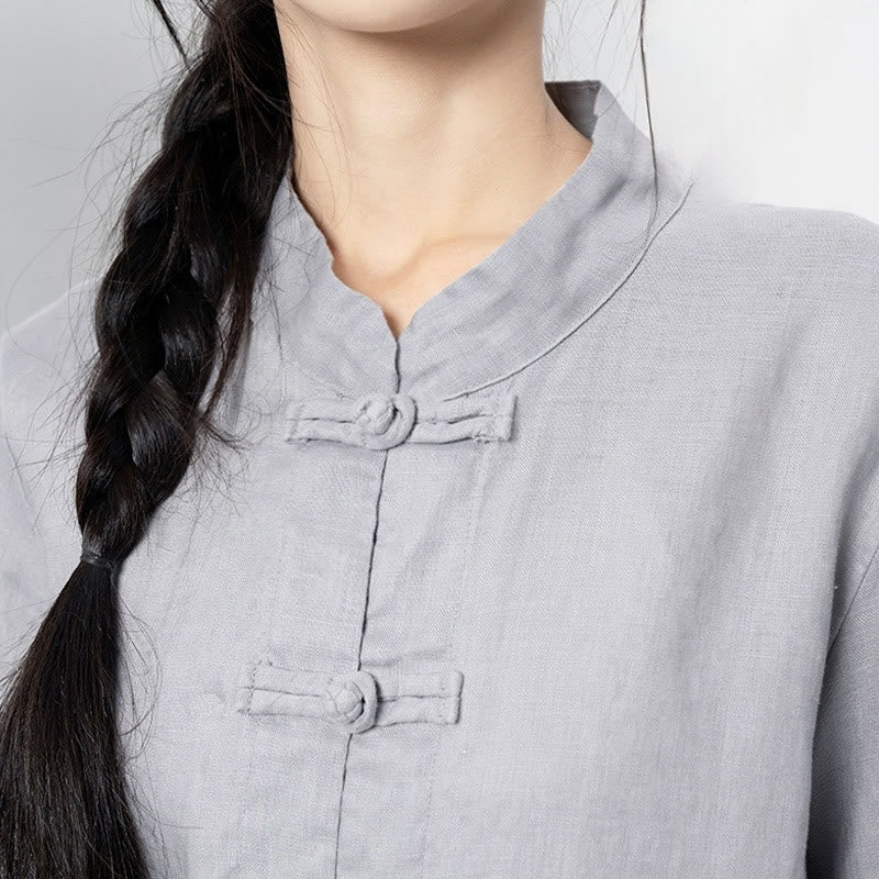 Buddha Stones Camisas de lino de manga larga con botones de rana y bolsillos para mujer en color liso - image 10