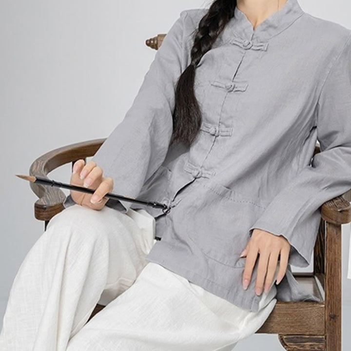 Buddha Stones Camisas de lino de manga larga con botones de rana y bolsillos para mujer en color liso - image 9