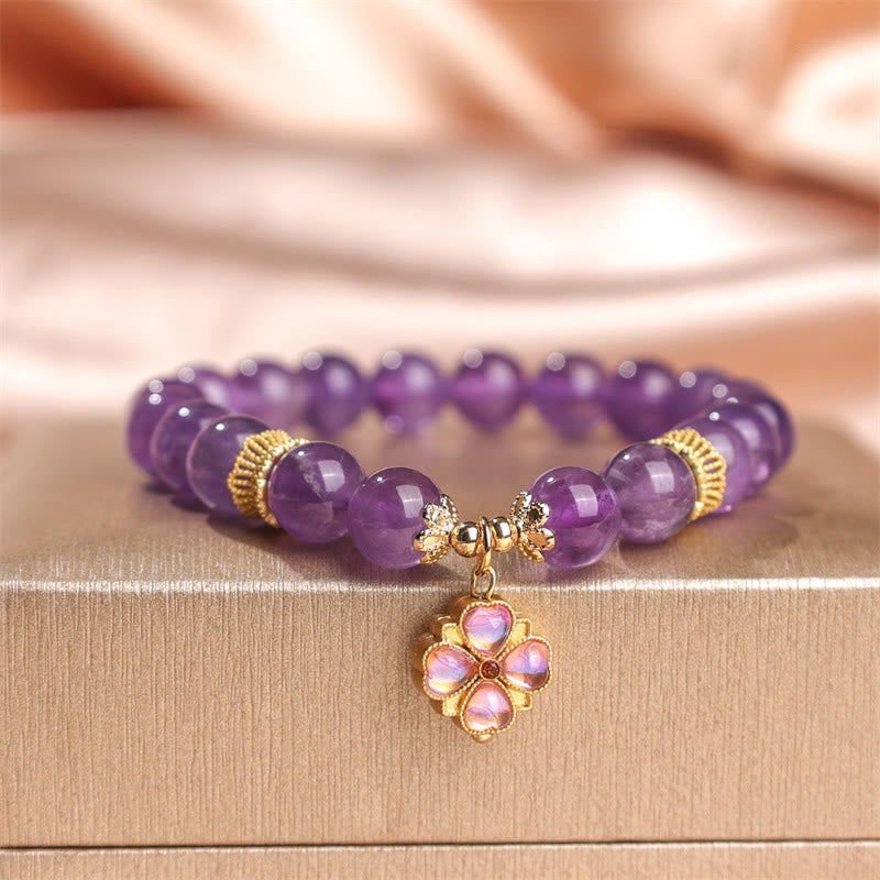 Pulsera de comunicación con dije de trébol de cuatro hojas y amatista natural de Buddha Stones