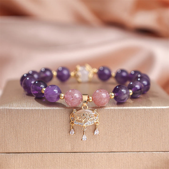 Pulsera con dije de candado de paz y cuarzo fresa y amatista natural de Buddha Stones
