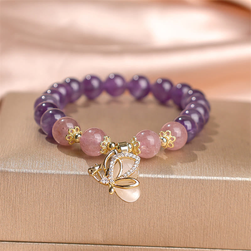 Pulsera con dijes de mariposa curativos de cristal de cuarzo fresa y amatista natural de Buddha Stones