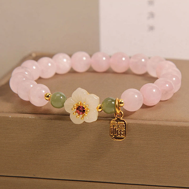 Pulsera de curación de relaciones con personajes de Hetian Jade Fu, cuarzo rosa y flor de durazno con Buddha Stones