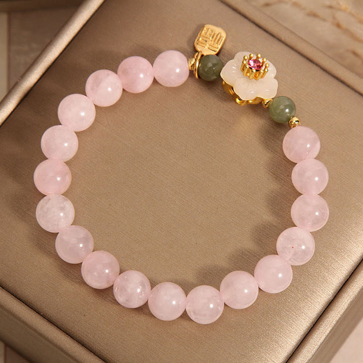 Pulsera de curación de relaciones con personajes de Hetian Jade Fu, cuarzo rosa y flor de durazno con Buddha Stones