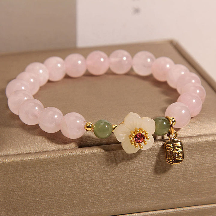 Pulsera de curación de relaciones con personajes de Hetian Jade Fu, cuarzo rosa y flor de durazno con Buddha Stones