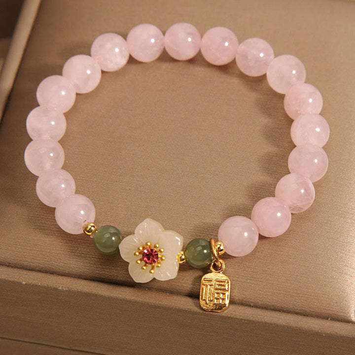 Pulsera de curación de relaciones con personajes de Hetian Jade Fu, cuarzo rosa y flor de durazno con Buddha Stones