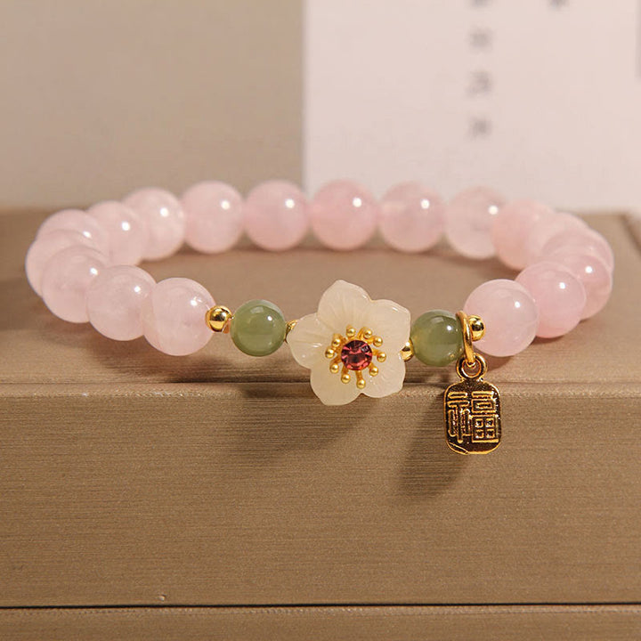 Pulsera de curación de relaciones con personajes de Hetian Jade Fu, cuarzo rosa y flor de durazno con Buddha Stones