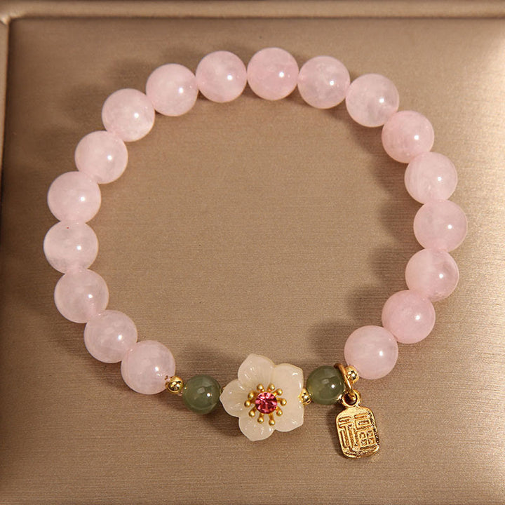 Pulsera de curación de relaciones con personajes de Hetian Jade Fu, cuarzo rosa y flor de durazno con Buddha Stones