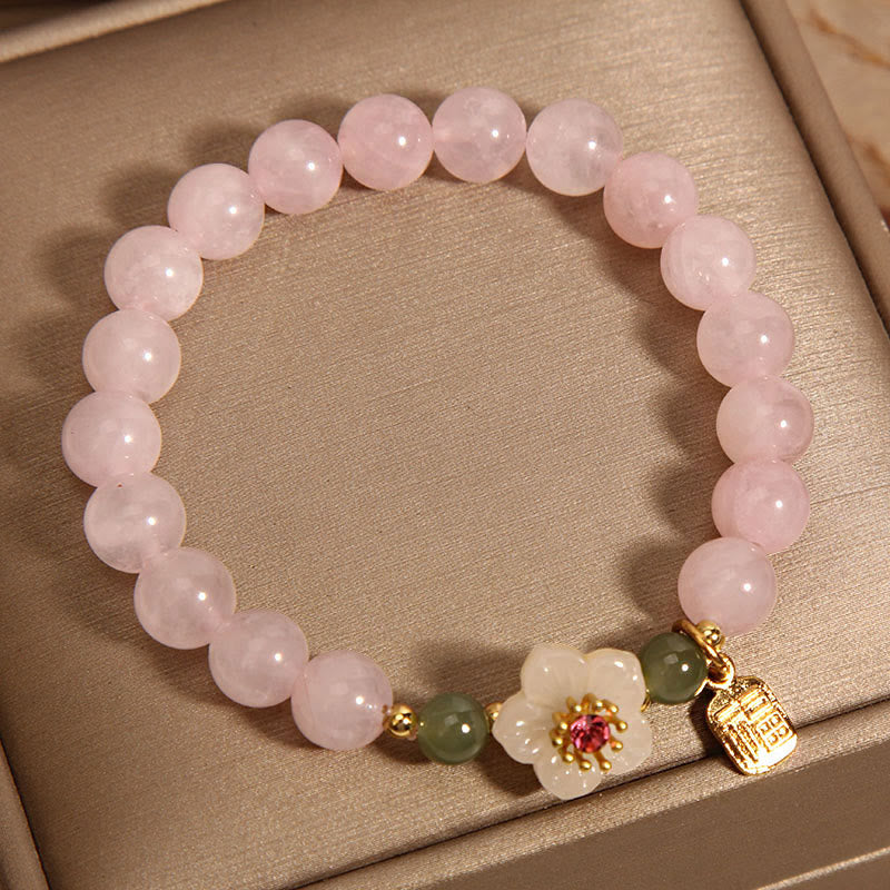 Pulsera de curación de relaciones con personajes de Hetian Jade Fu, cuarzo rosa y flor de durazno con Buddha Stones