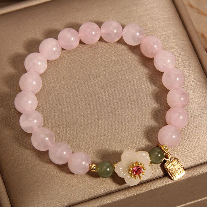 Pulsera de curación de relaciones con personajes de Hetian Jade Fu, cuarzo rosa y flor de durazno con Buddha Stones