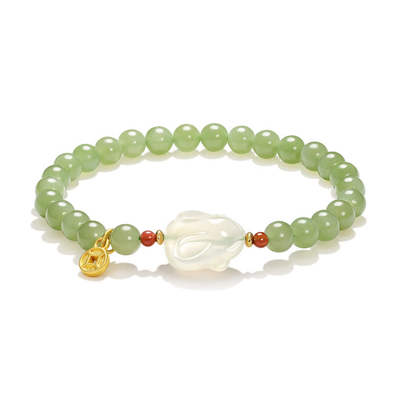 Pulsera de la suerte con monedas de cobre y conejo de ágata y jade hetiano natural de Buddha Stones