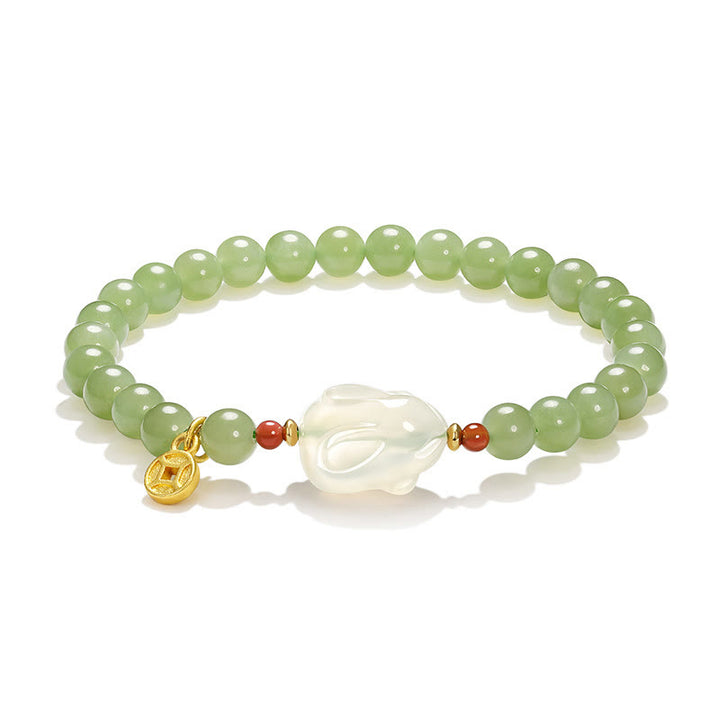 Pulsera de la suerte con monedas de cobre y conejo de ágata y jade hetiano natural de Buddha Stones
