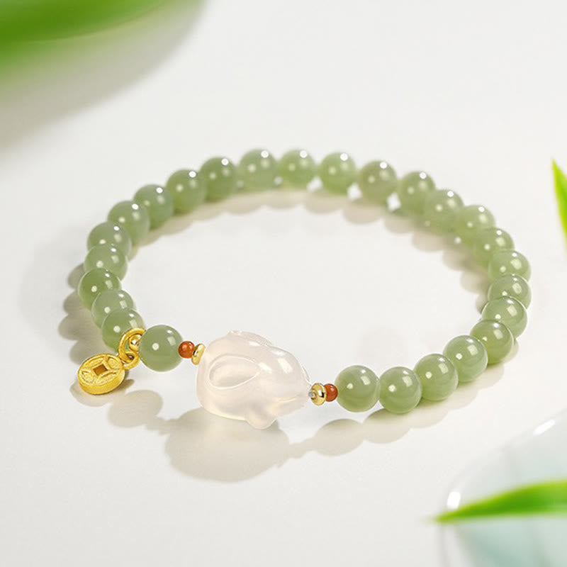 Pulsera de la suerte con monedas de cobre y conejo de ágata y jade hetiano natural de Buddha Stones