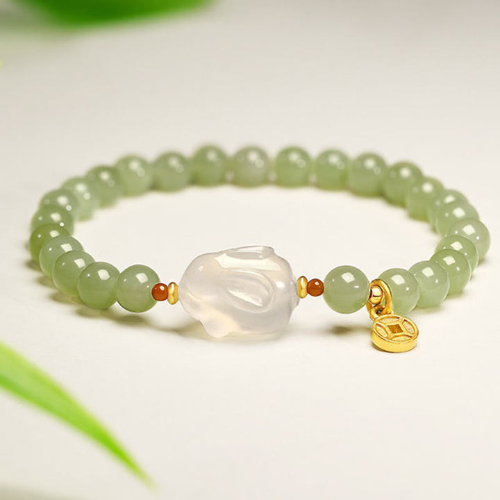 Pulsera de la suerte con monedas de cobre y conejo de ágata y jade hetiano natural de Buddha Stones