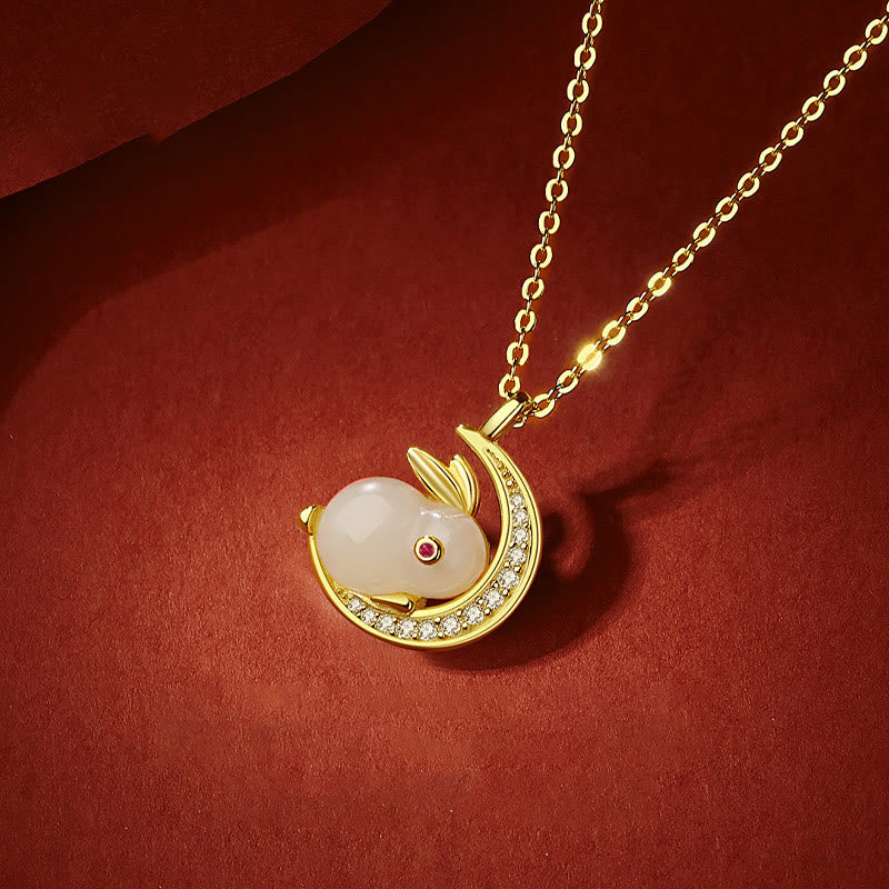 Collar con colgante de luna creciente de conejo de jade blanco hetiano de plata de ley 925 con Buddha Stones - image 3