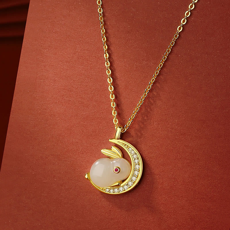 Collar con colgante de luna creciente de conejo de jade blanco hetiano de plata de ley 925 con Buddha Stones - image 4