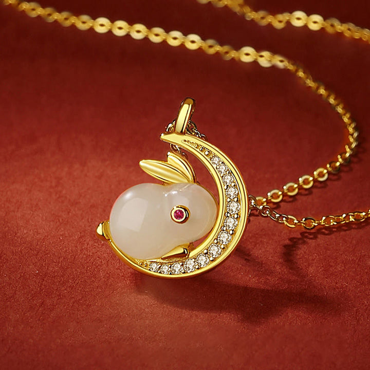 Collar con colgante de luna creciente de conejo de jade blanco hetiano de plata de ley 925 con Buddha Stones - image 1