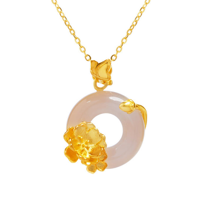 Colgante con forma de mariposa y flor de durazno en plata de Buddha Stones 925 natural con calcedonia blanca y hebilla de la paz