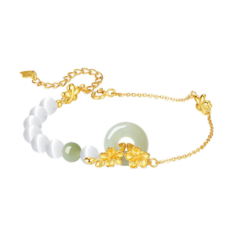Pulsera de la suerte con hebilla de paz y flor de durazno de jade hetiano natural de plata esterlina 999 con Buddha Stones