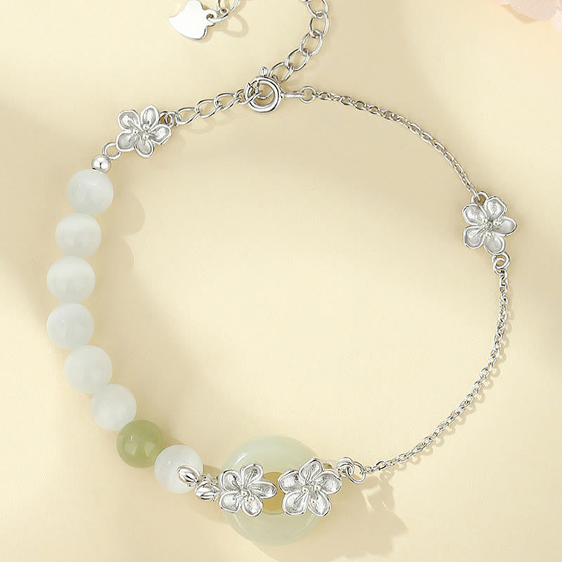 Pulsera de la suerte con hebilla de paz y flor de durazno de jade hetiano natural de plata esterlina 999 con Buddha Stones
