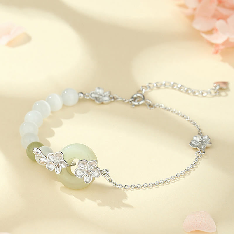 Pulsera de la suerte con hebilla de paz y flor de durazno de jade hetiano natural de plata esterlina 999 con Buddha Stones