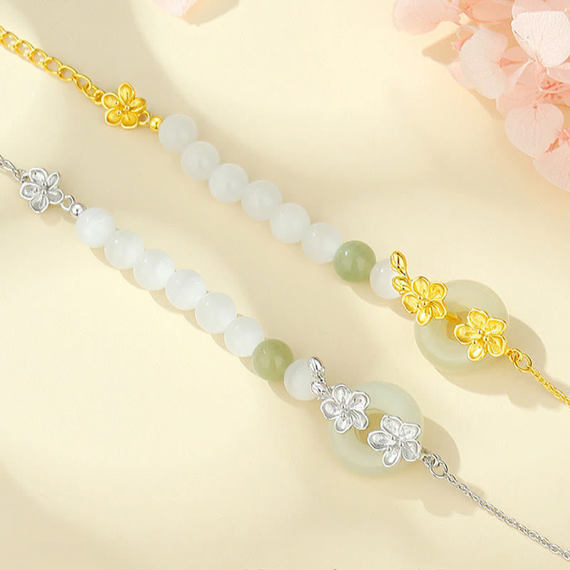 Pulsera de la suerte con hebilla de paz y flor de durazno de jade hetiano natural de plata esterlina 999 con Buddha Stones
