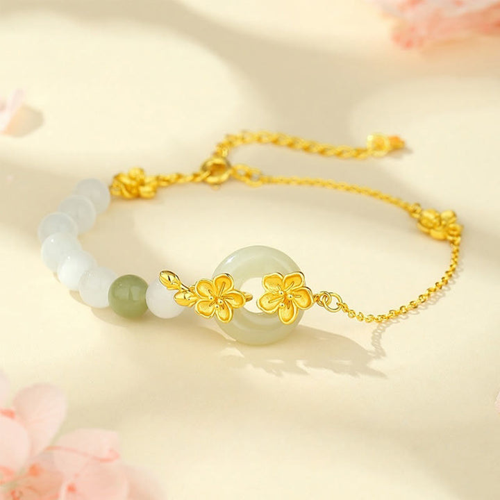 Pulsera de la suerte con hebilla de paz y flor de durazno de jade hetiano natural de plata esterlina 999 con Buddha Stones