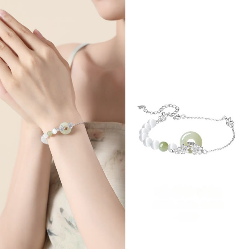 Pulsera de la suerte con hebilla de paz y flor de durazno de jade hetiano natural de plata esterlina 999 con Buddha Stones