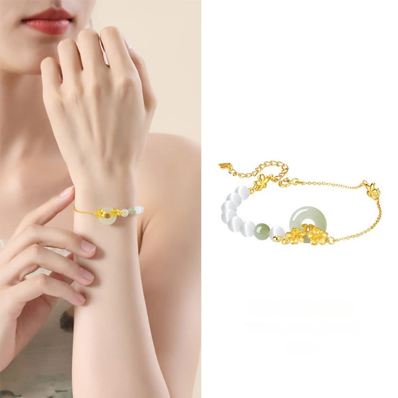 Pulsera de la suerte con hebilla de paz y flor de durazno de jade hetiano natural de plata esterlina 999 con Buddha Stones