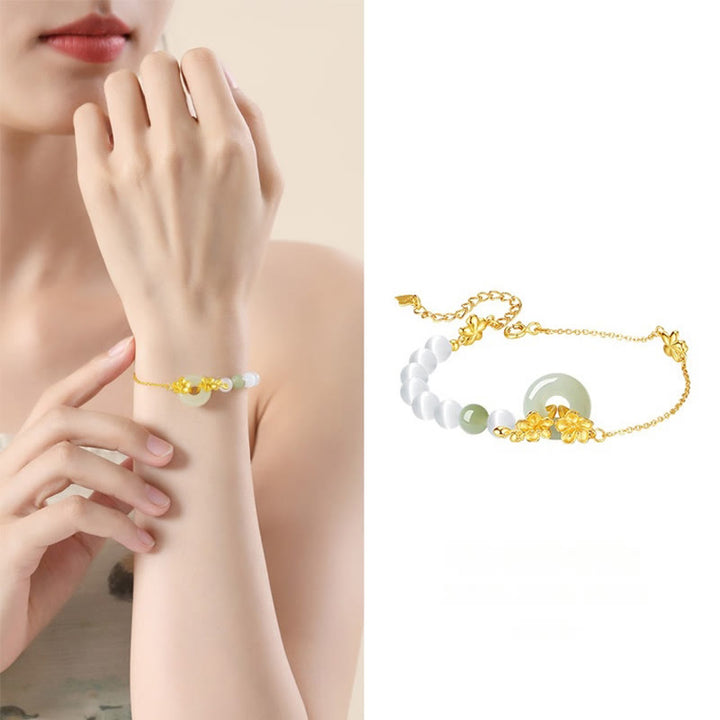 Pulsera de la suerte con hebilla de paz y flor de durazno de jade hetiano natural de plata esterlina 999 con Buddha Stones