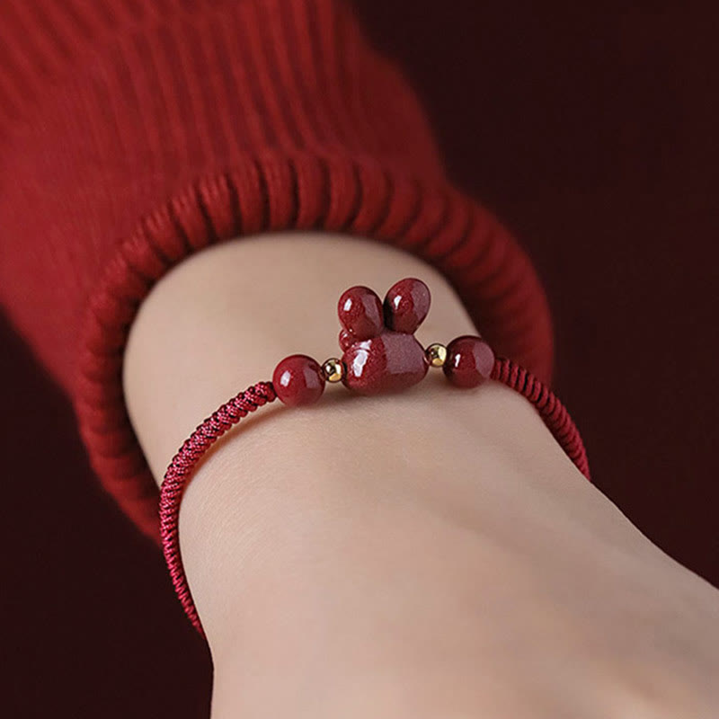 Pulsera de cuerda roja hecha a mano con Buddha Stones, cinabrio, zodíaco chino, conejo de la suerte