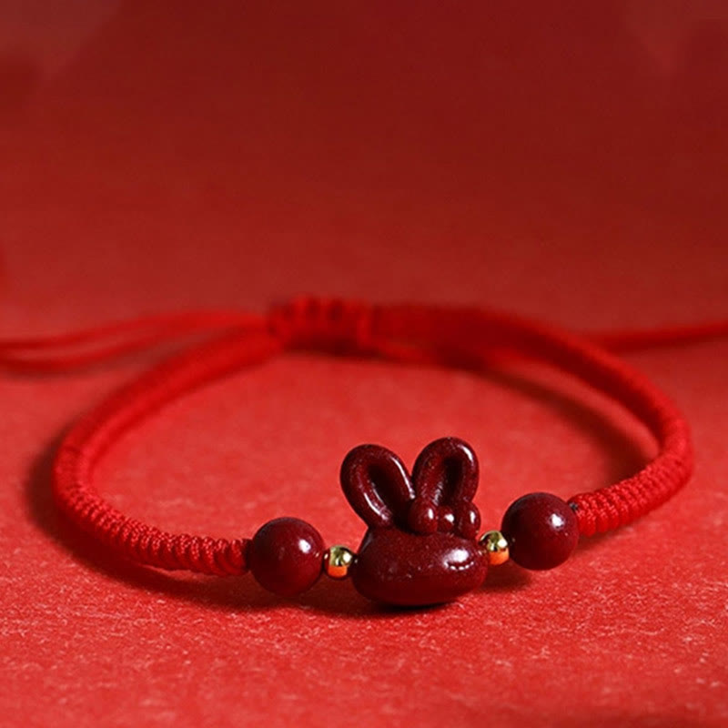 Pulsera de cuerda roja hecha a mano con Buddha Stones, cinabrio, zodíaco chino, conejo de la suerte