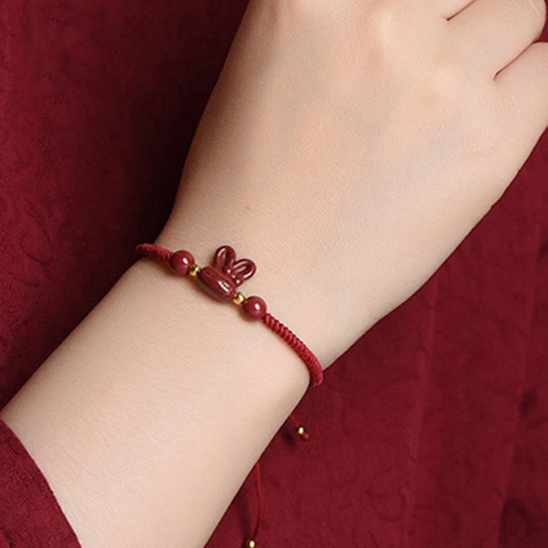 Pulsera de cuerda roja hecha a mano con Buddha Stones, cinabrio, zodíaco chino, conejo de la suerte