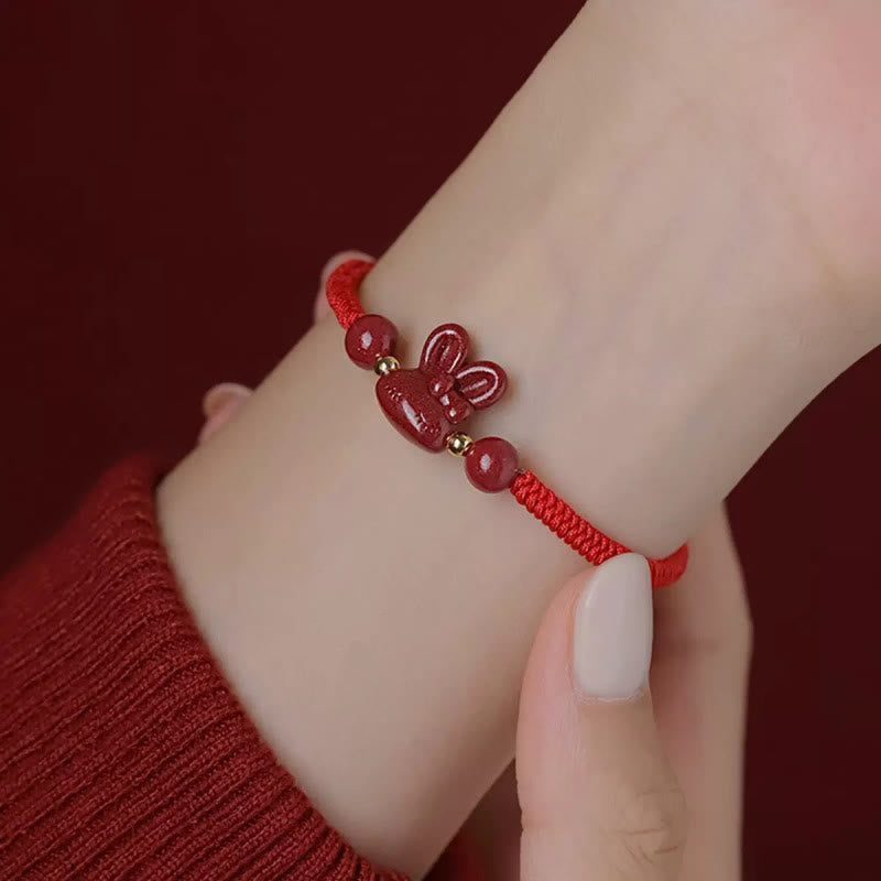 Pulsera de cuerda roja hecha a mano con Buddha Stones, cinabrio, zodíaco chino, conejo de la suerte