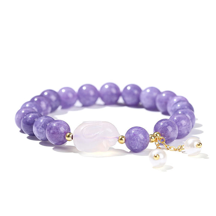 Pulsera de cuentas curativas de conejo de calcedonia y aguamarina morada natural de Buddha Stones