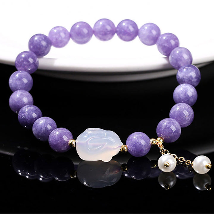 Pulsera de cuentas curativas de conejo de calcedonia y aguamarina morada natural de Buddha Stones