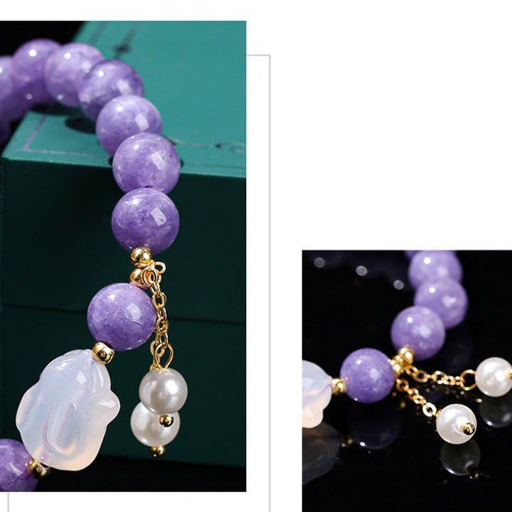Pulsera de cuentas curativas de conejo de calcedonia y aguamarina morada natural de Buddha Stones