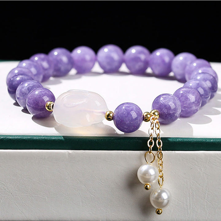 Pulsera de cuentas curativas de conejo de calcedonia y aguamarina morada natural de Buddha Stones