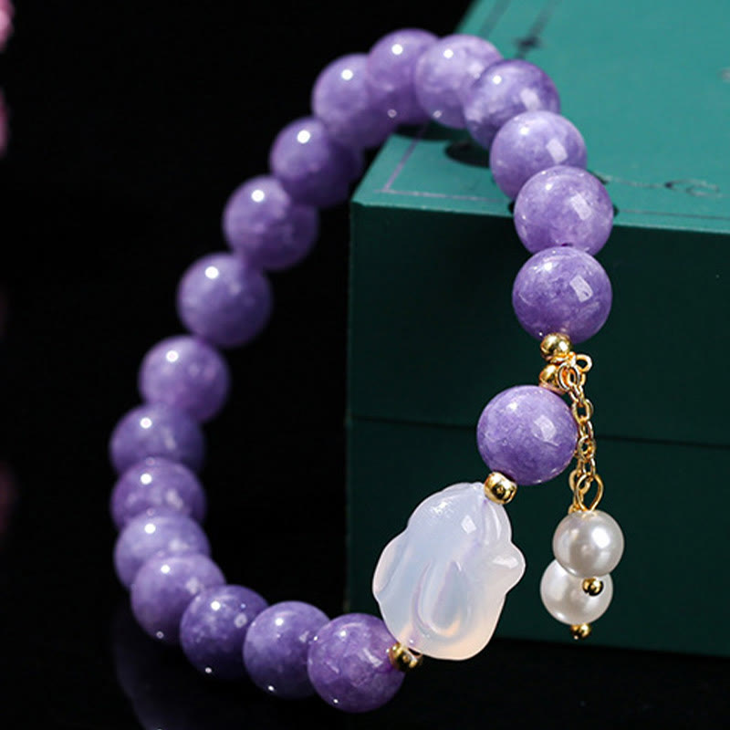 Pulsera de cuentas curativas de conejo de calcedonia y aguamarina morada natural de Buddha Stones