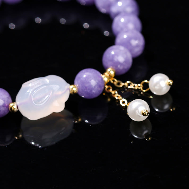 Pulsera de cuentas curativas de conejo de calcedonia y aguamarina morada natural de Buddha Stones