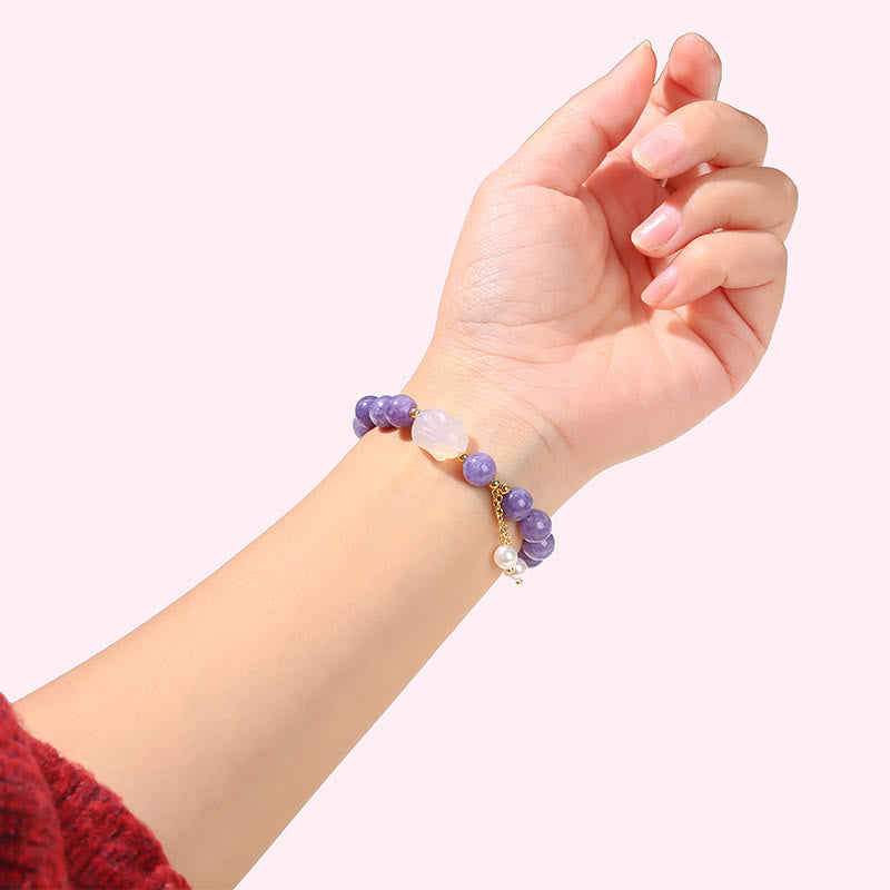 Pulsera de cuentas curativas de conejo de calcedonia y aguamarina morada natural de Buddha Stones