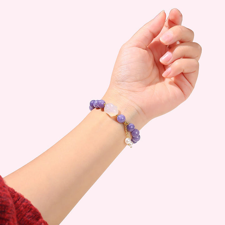 Pulsera de cuentas curativas de conejo de calcedonia y aguamarina morada natural de Buddha Stones